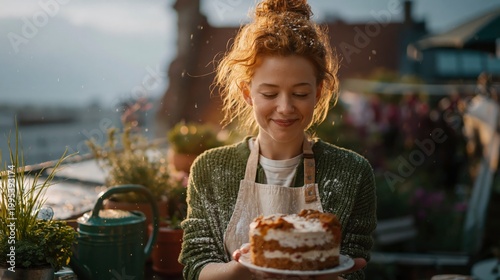 Woman holding a cake with flour dust falling