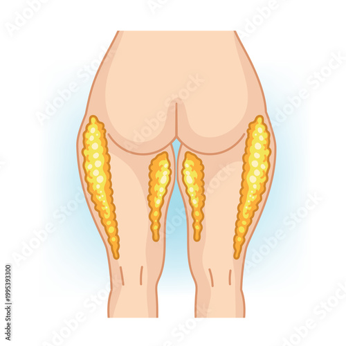 Illustration showing heavy subcutaneous fat accumulation on thighs, highlighting body fat distribution and cellulite-prone areas.