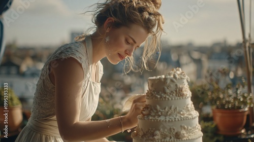 Woman decorating a wedding cake outdoors