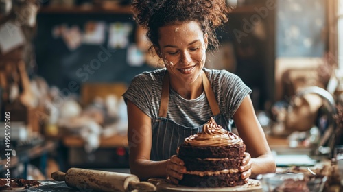 Woman with flour on face holding chocolate cake