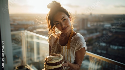Woman holding a cake on a balcony at sunset