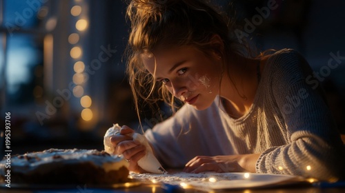 Woman decorating a cake with frosting