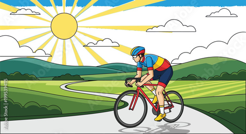Professional male cyclist riding a road bike on a winding path through a bright summer landscape in this colorful vector illustration showing intense athletic training performance during a sunny day t