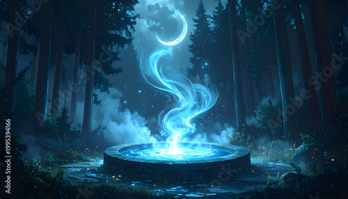 Mystical Forest Portal with Ethereal Blue Energy and Crescent Moon.