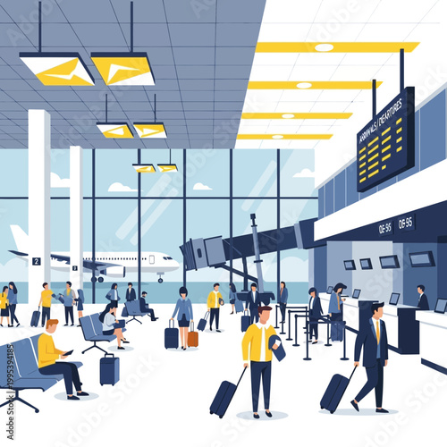 People waiting at airport terminal gate.