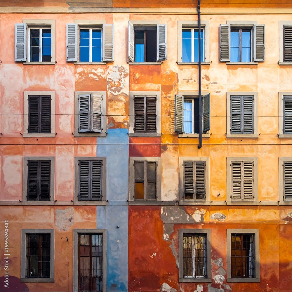 Fototapeta premium Close-up of a colorful, aged building facade with many windows