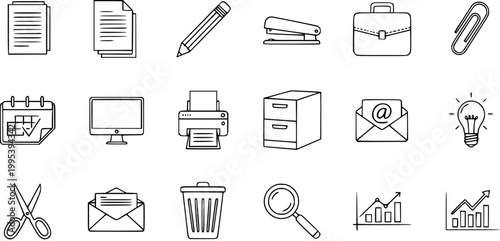 Black  White Line Art Business and Office Icons Set. Simple Outline Drawing of Work Supplies, Administration Tools, and Conceptual Elements.
