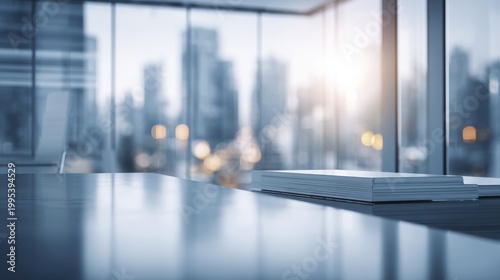 Cityscape Reflections: A modern office space, showcasing a reflective surface with a blurred city skyline backdrop, embodying the spirit of innovation and urban life. 