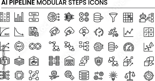 AI pipeline modular steps icon set in minimal outline style for machine learning workflows, data processing, and software interface design