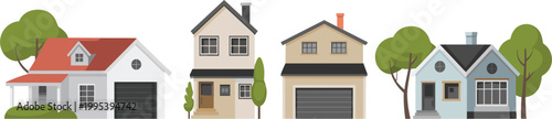 Colorful family homes with different architectural styles representing neighborhood and real estate concepts