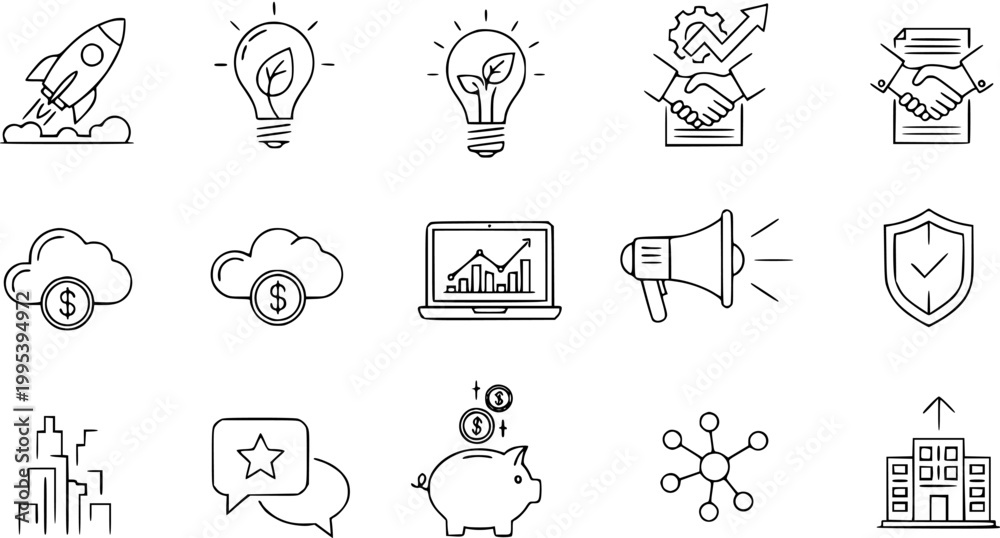 Fototapeta premium Business Line Icons: Startup Rocket, Idea Bulb, Handshake, Cloud Finance, Laptop Chart, Megaphone, Shield, Cityscape, Piggy Bank, Network, Building