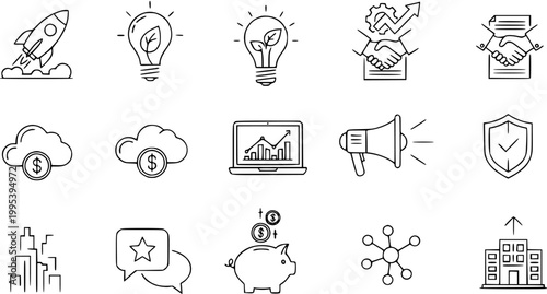 Business Line Icons: Startup Rocket, Idea Bulb, Handshake, Cloud Finance, Laptop Chart, Megaphone, Shield, Cityscape, Piggy Bank, Network, Building