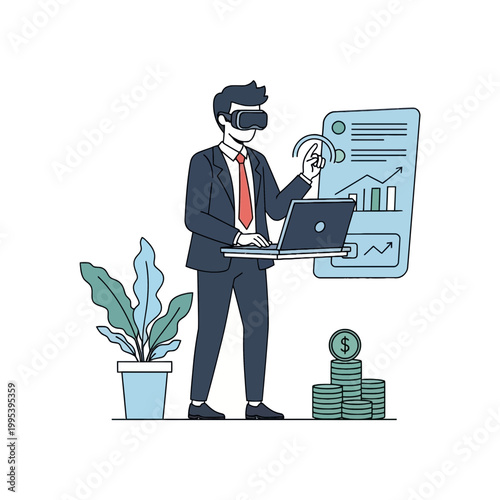 Businessman using VR headset for financial data analysis illustration