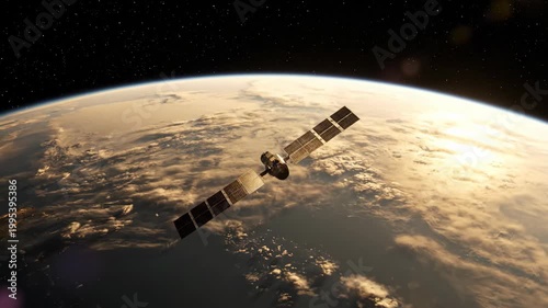 Satellite orbiting Earth in low Earth orbit during sunrise, capturing the planet's curve and blue atmosphere.
