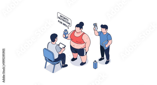 Isometric illustration of fitness coach and clients discussing nutrition and supplements.