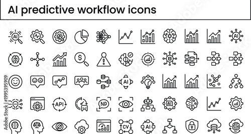 AI predictive workflow icon set in minimal outline style for data forecasting, analytics systems, and business intelligence interface design