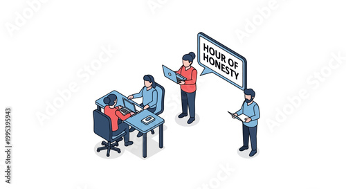 Isometric Illustration of People in a Meeting Discussing Honesty.