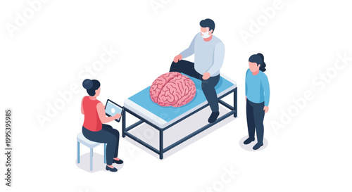 Isometric Illustration of Medical Professionals Examining Human Brain.
