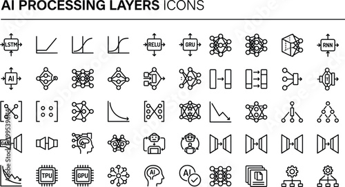 AI processing layers icon set in minimal outline style for neural networks, deep learning models, and software interface design