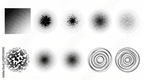 Stipple and halftone texture set, dithered grain circle collection, noise gradient brushes, pointillism dot patterns, spray paint effects, retro minimalist graphic design assets, vector dot shapes