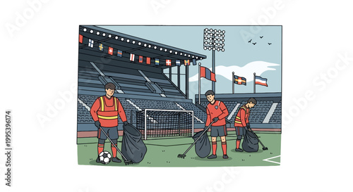Soccer stadium cleanup staff picking up trash after a match