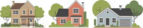 Set of suburban houses with trees in flat vector style representing residential neighborhood living