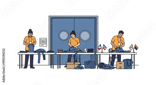 Diverse volunteers folding clothes for charity donation at a center