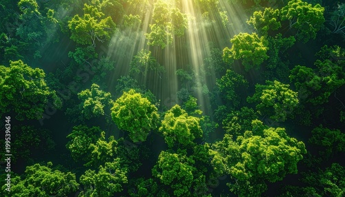 Sunlight streams through a dense canopy of lush green trees, creating a breathtaking natural spectacle.