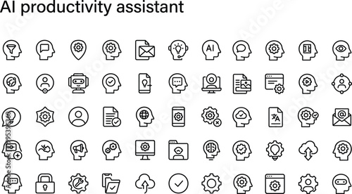 AI productivity assistant line icon set for smart automation workflow task management communication and digital business applications