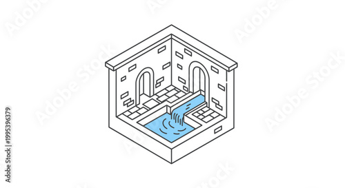 Minimalist isometric stone chamber with water fountain and arches