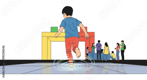 Young boy running toward interactive colorful play zone illustration