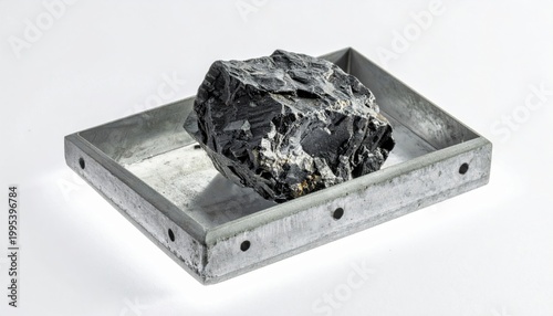A visually striking dull dark uranium ore rock, representing a valuable geological sample, carefully secured within a heavy, sturdy metal tray, isolated for detailed scientific analysis.