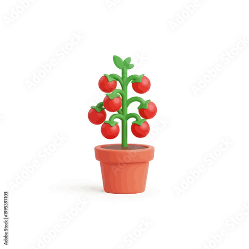 Tomato plant with ripe red fruits in a clay pot illustration