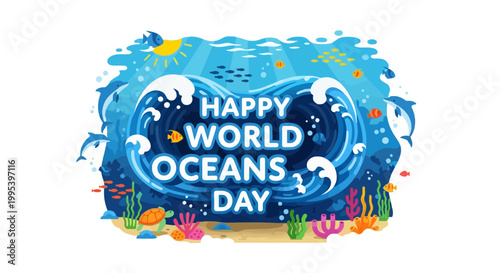Happy World Oceans Day Undersea Vector Illustration with Marine Life