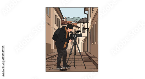 Videographer filming with professional camera on a city street vector
