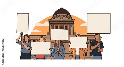 Protesters holding blank signs in front of government capitol building