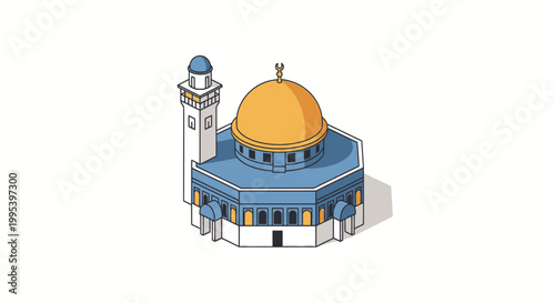 Isometric mosque illustration with golden dome and minaret