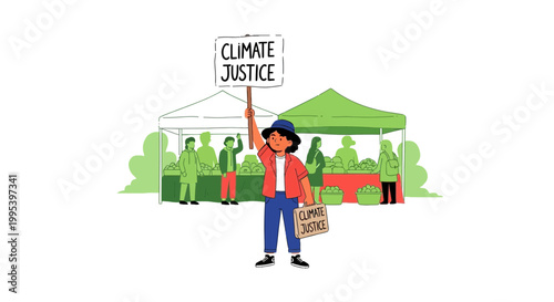 Young activist holding climate justice sign at outdoor farmers market
