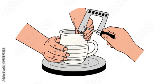 Potter hands sculpting a clay mug on a revolving wheel illustration