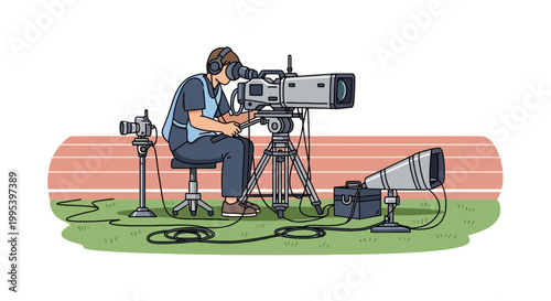 Professional videographer filming sports competition at stadium