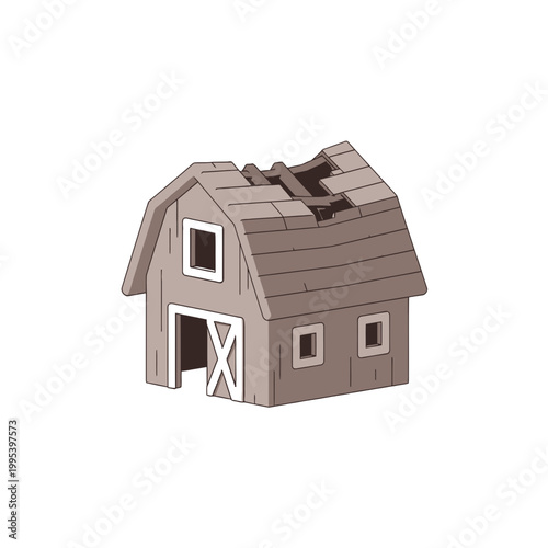 Abandoned wooden barn with broken roof vector illustration