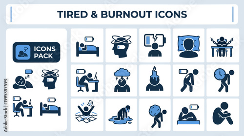 Tired and burnout vector icon collection in line style for workplace wellness, stress management, and mental health dashboards