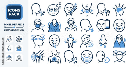 Facial expression and emotion icon set in line vector style for mental health apps, psychology dashboards, educational materials, and wellness graphics