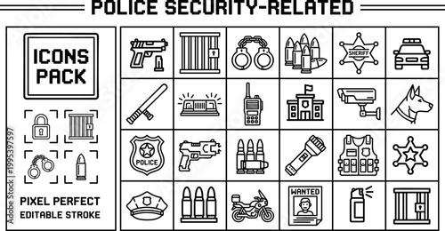 Police security outline icon set in editable vector style for public safety apps, crime prevention guides, law enforcement interfaces