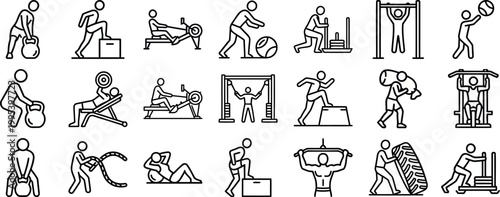 Fitness training outline icon set in minimalist vector style for gym programs, workout guides, coaching apps, wellness graphics