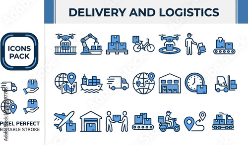 Delivery and logistics icon collection in modern vector style for shipping platforms, courier dashboards, warehouse maps, app screens