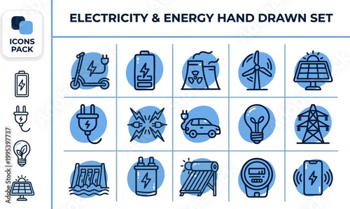 Electricity and renewable energy hand drawn icon pack in editable vector style for utility dashboards, green campaigns, web layouts