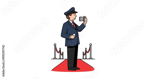 Security guard taking selfie on red carpet vector illustration
