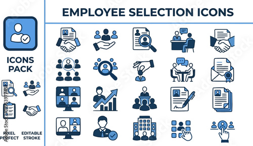 Employee selection icon set in corporate vector style for recruitment platforms, hr reports, onboarding pages, hiring presentations