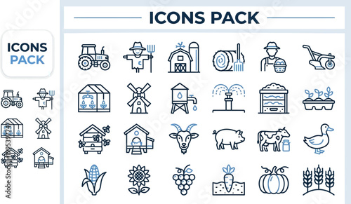 Farm outline icon pack in rustic vector style for agriculture branding, organic packaging, rural education, market materials